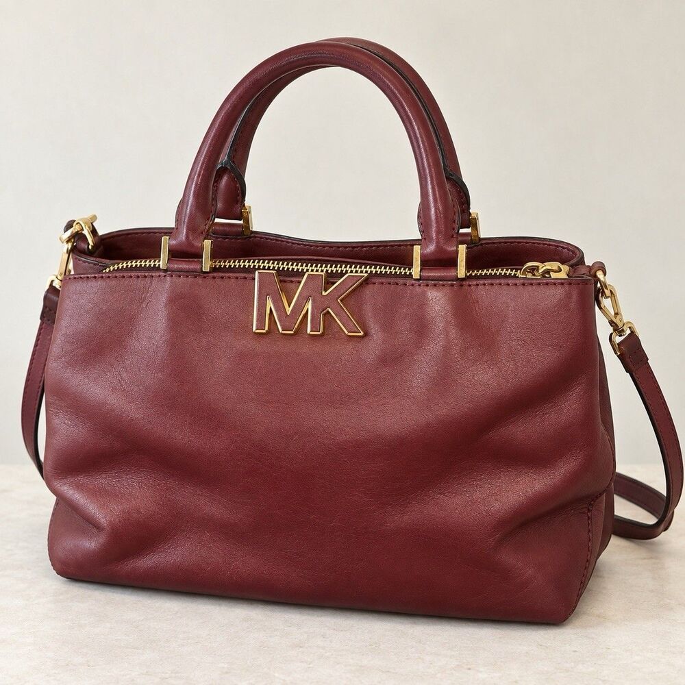 Michael Kors Burgundy Satchel Handbag Gold MK Logo Double Handles Shoulder Strap